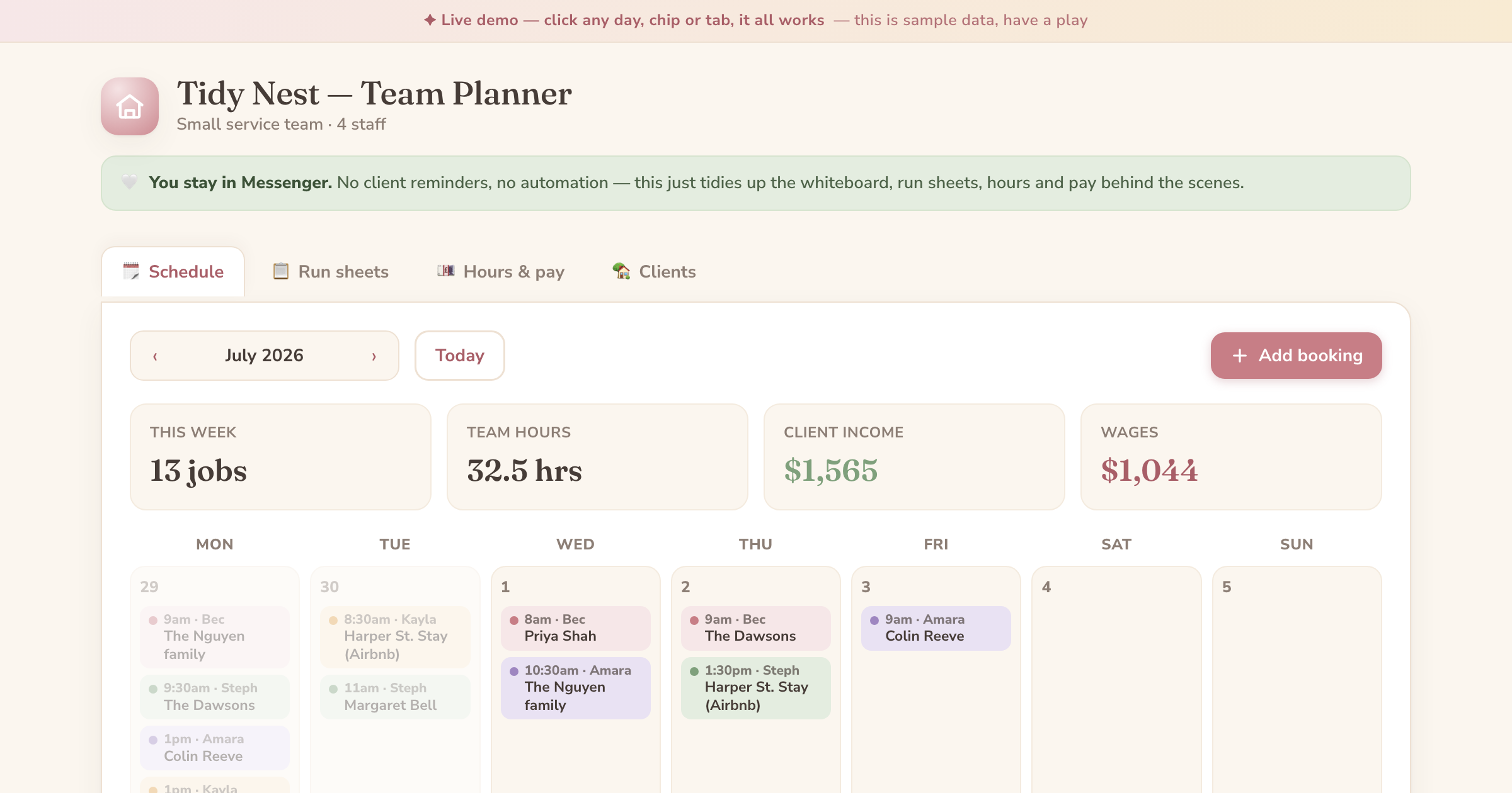 Tidy Nest team planner — a colour-coded week of jobs with hours and pay