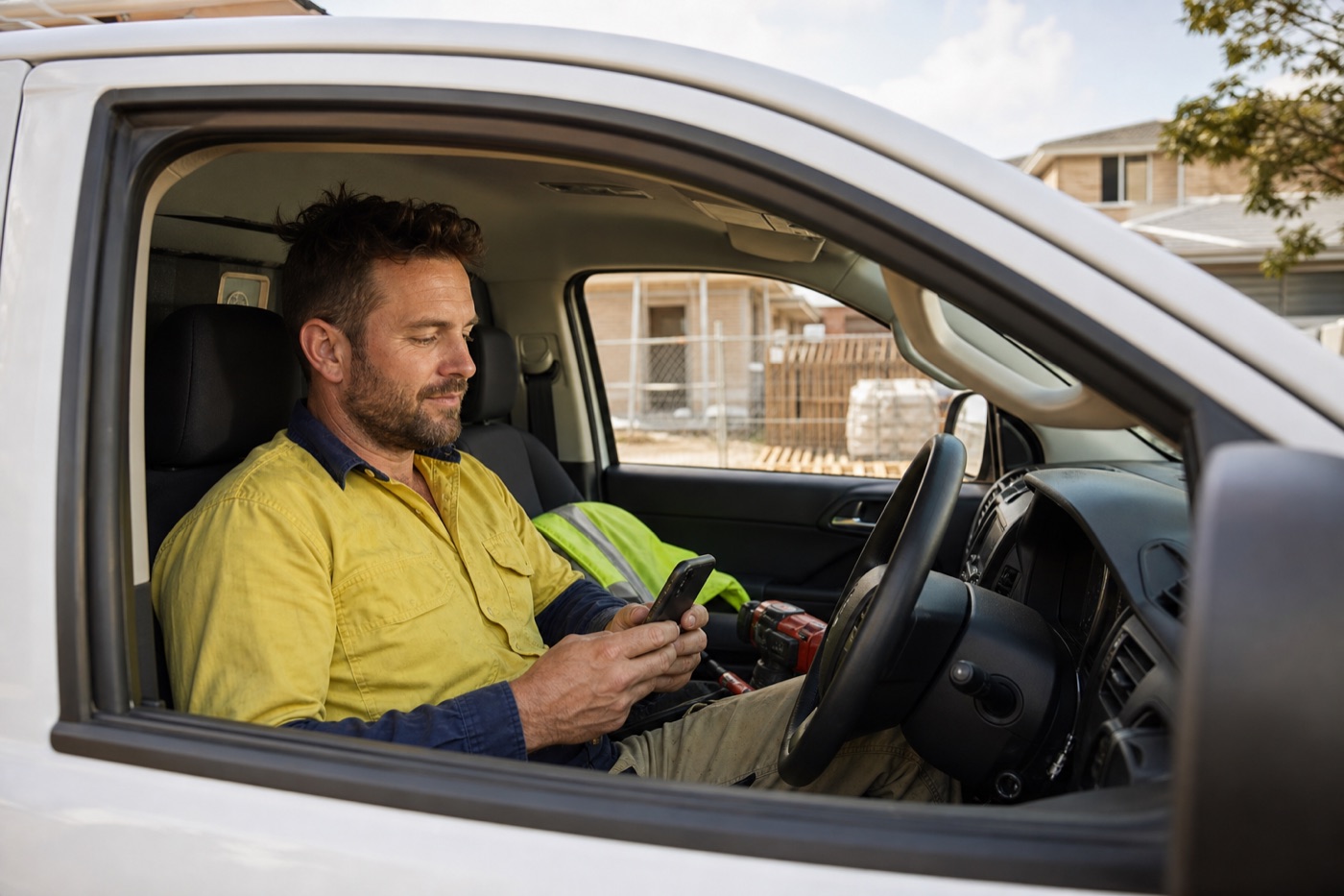 Tradie sitting in his ute checking a quote on his phone between jobs