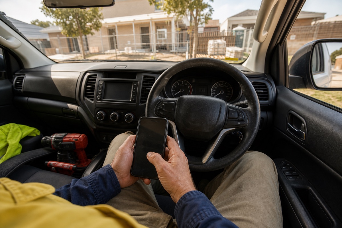 Tradie sending a quote from his phone in the ute before leaving the driveway